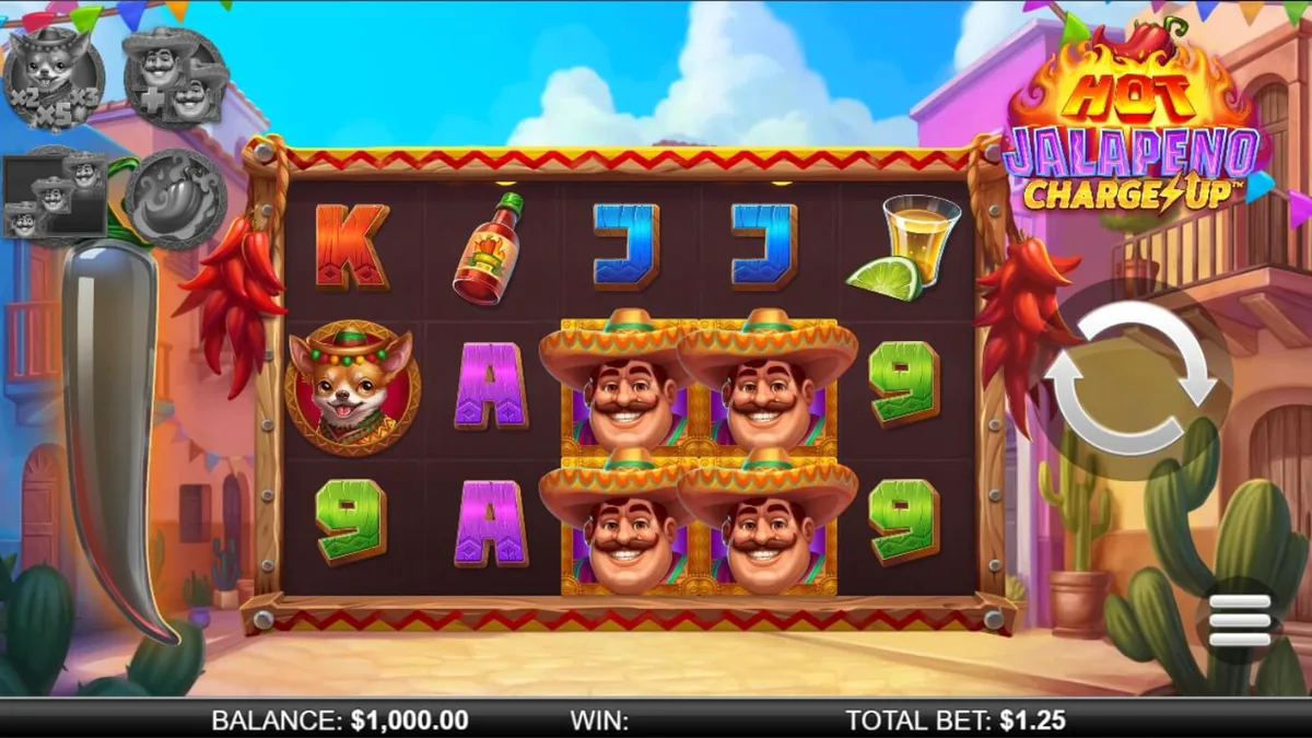 Tampilan permainan slot Hot Jalapeño Charge Up dengan tema pesta Meksiko yang meriah dan simbol-simbol kartun yang hidup.