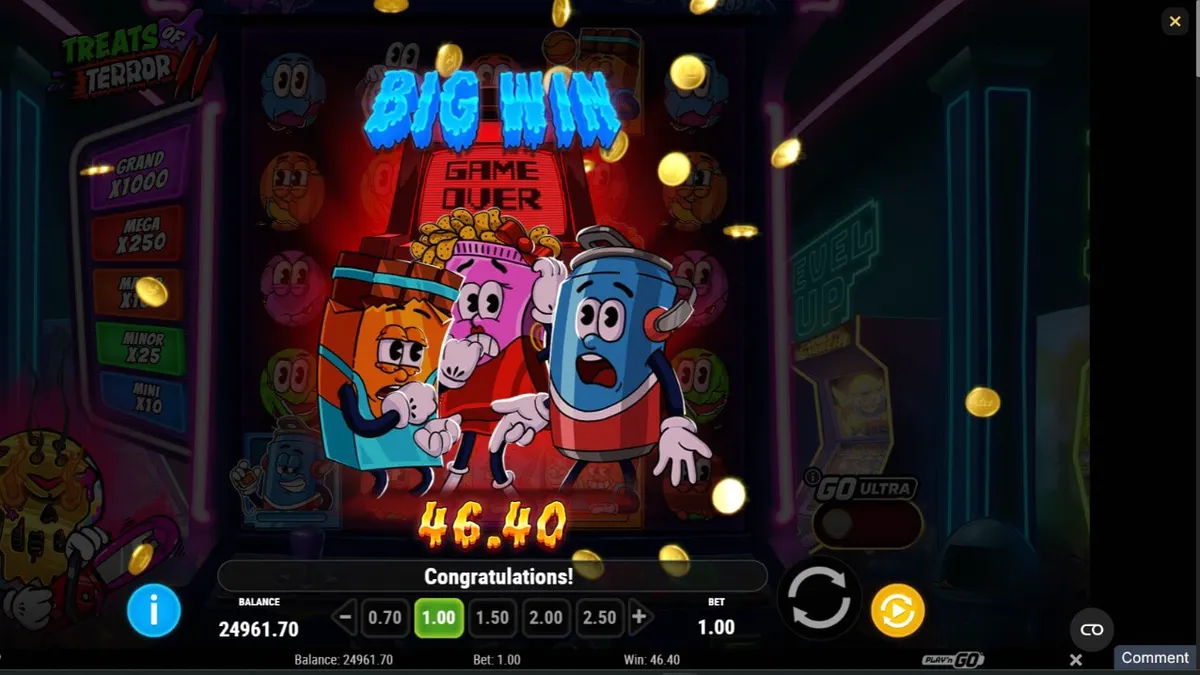 Tampilan visual neon arcade dari slot Treats of Terror 2