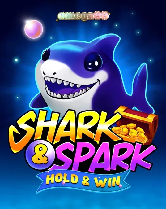 Karakter hiu kecil yang ramah dalam latar belakang dunia bawah laut slot Shark & Spark Hold & Win